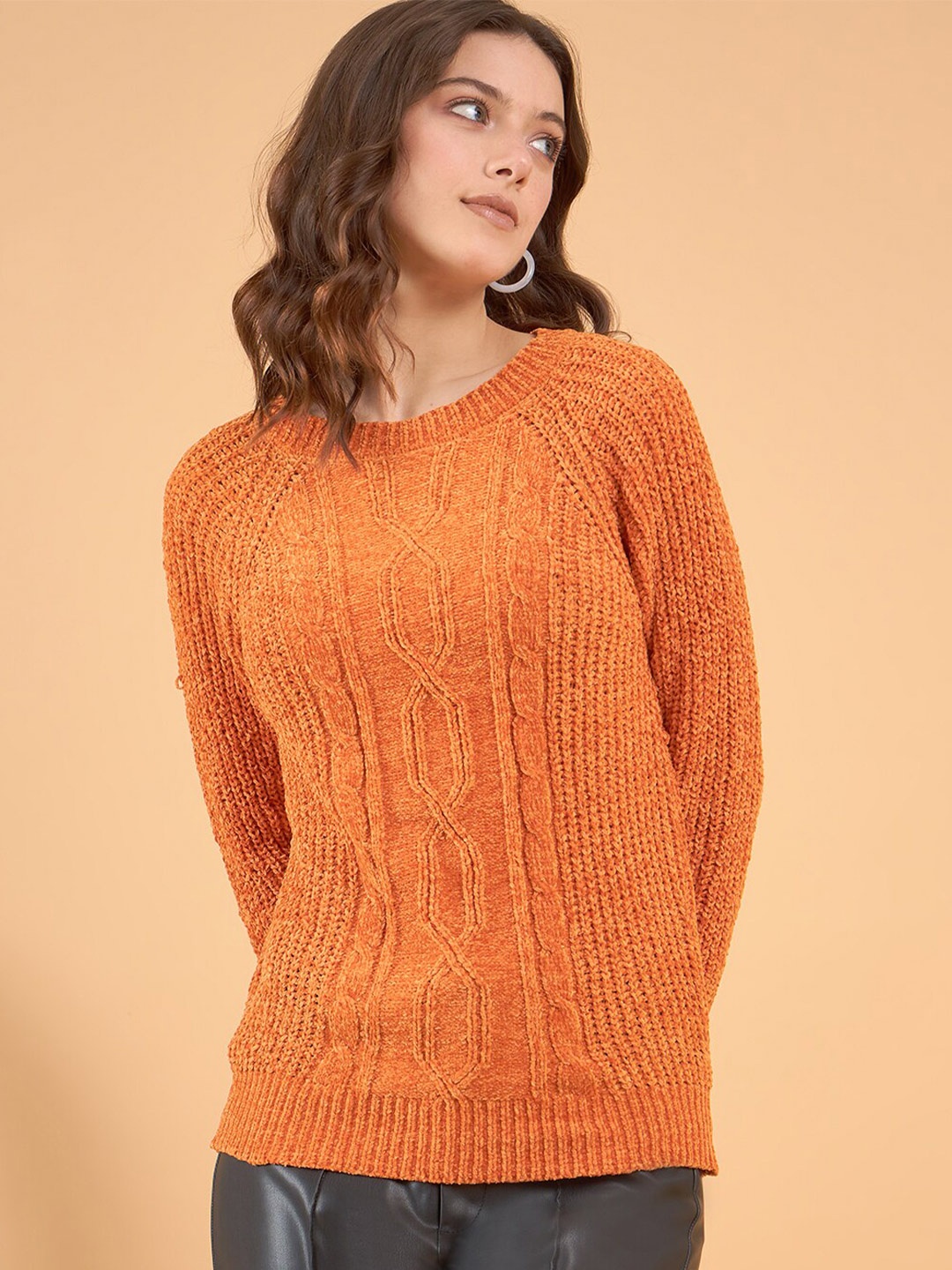

STYLE BLUSH Cable Knit Self Design Pullover, Orange