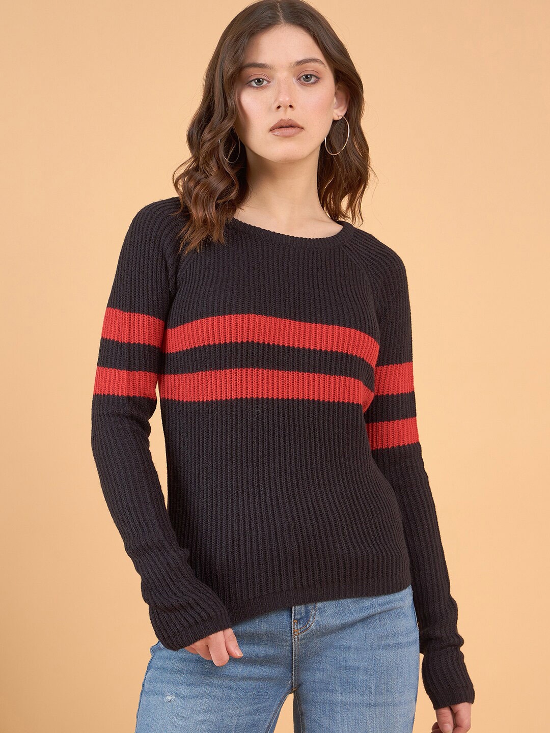 

STYLE BLUSH Striped Acrylic Pullover, Black
