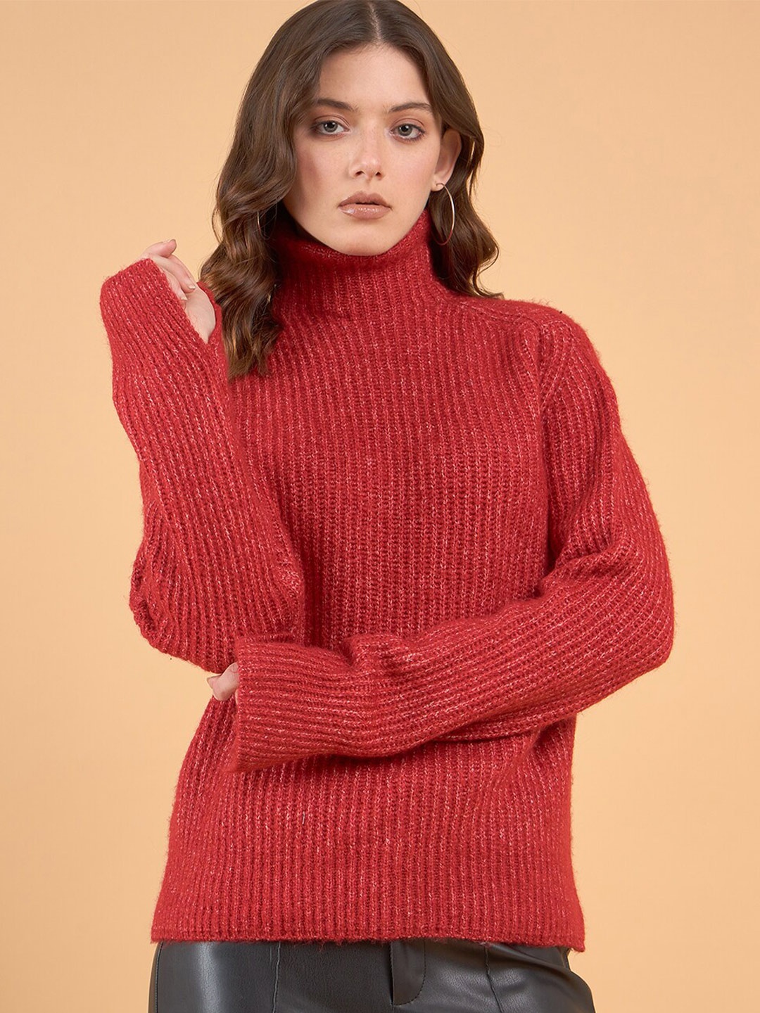 

STYLE BLUSH Self Design Turtle Neck Acrylic Pullover, Red