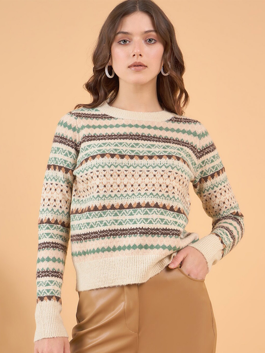 

STYLE BLUSH Abstract Printed Acrylic Wool Pullover, Cream