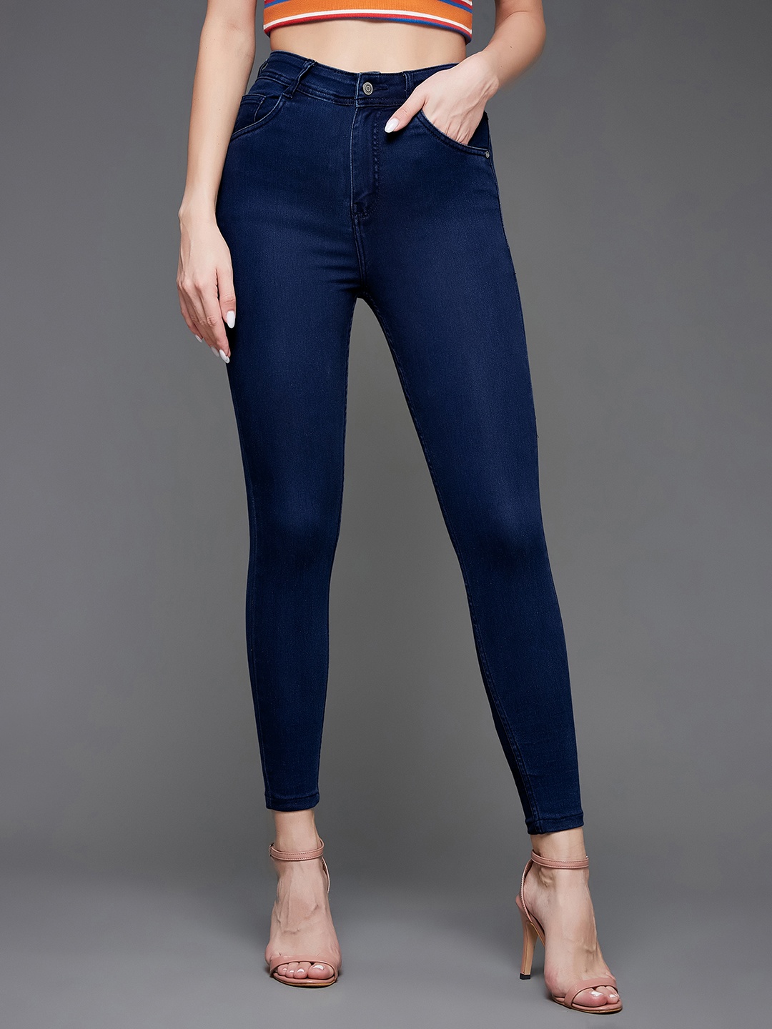 

Miss Chase Women Skinny Cropped Fit High-Rise Clean Look Stretchable Jeans, Navy blue