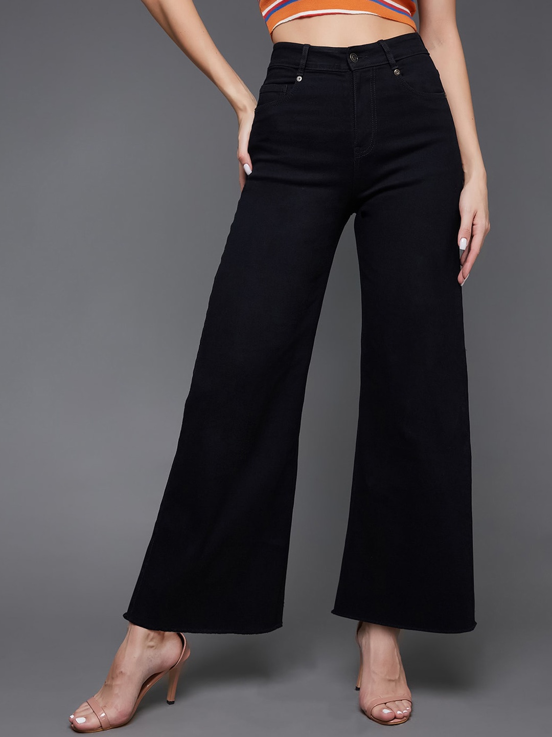 

Miss Chase Women Wide Leg High-Rise Clean Look Stretchable Jeans, Black