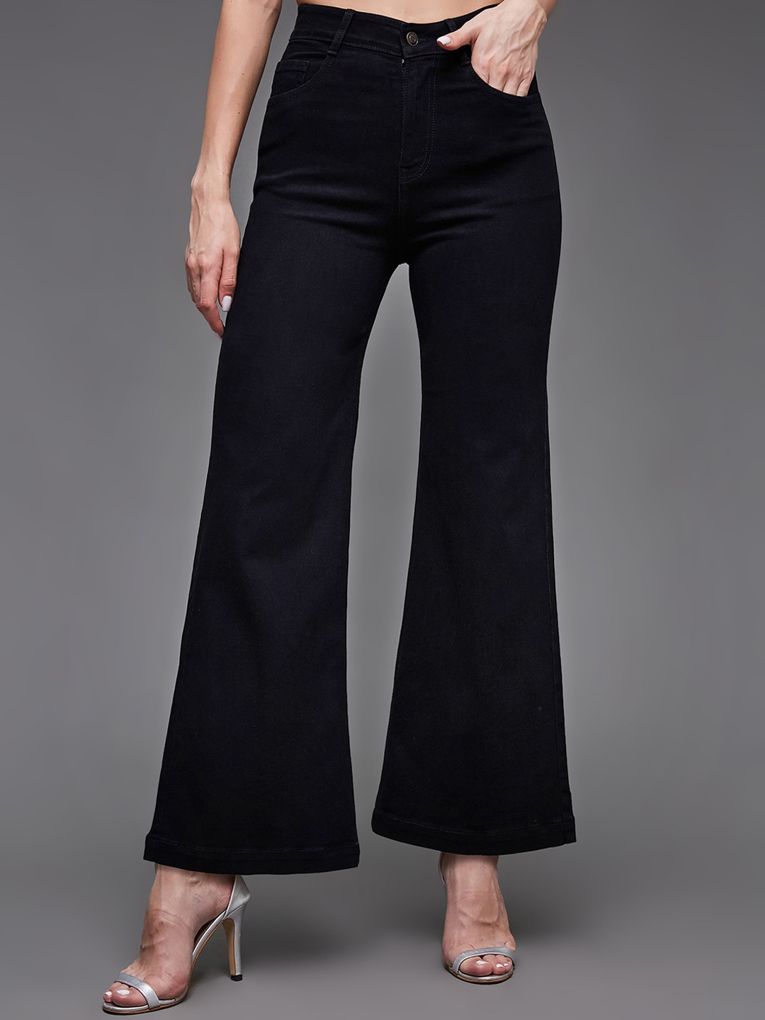 

Miss Chase Women Wide Leg High-Rise Clean Look Stretchable Jeans, Black