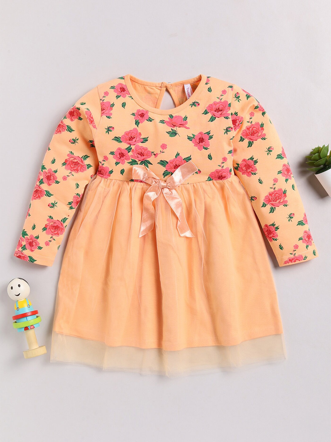 Toonyport Girls Floral Printed Gathered Or Pleated Cotton Fit & Flare Dress, Peach