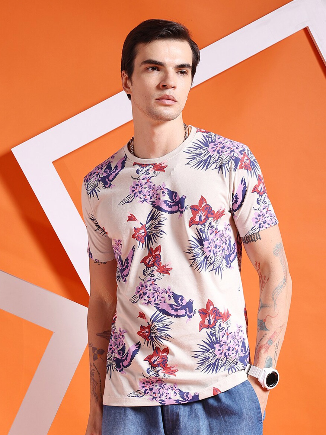 

The Indian Garage Co Floral Printed Round Neck T-shirt, Beige