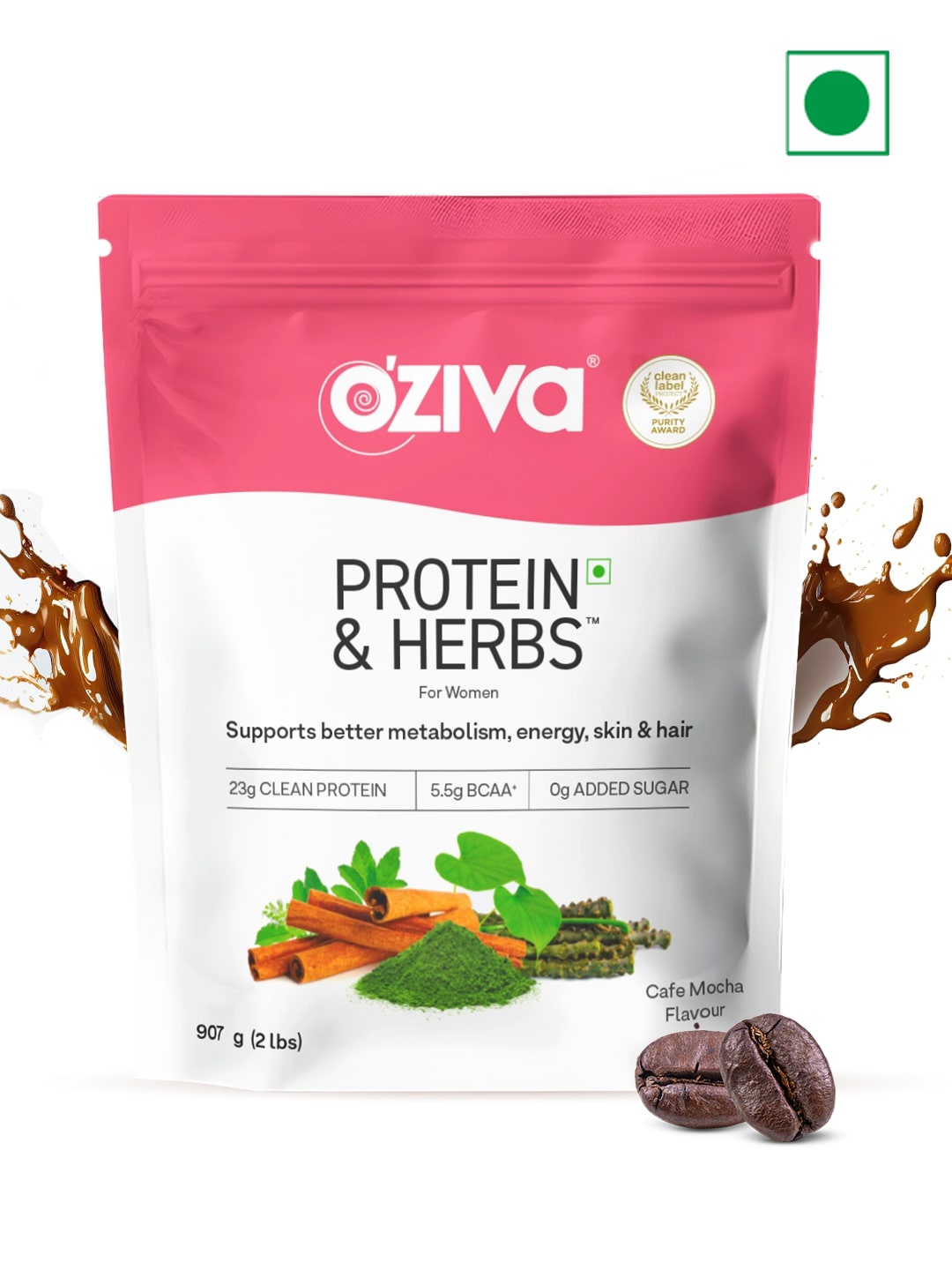 

OZiva Protein & Herbs for Weight Management - Cafe Mocha (907 g), Green