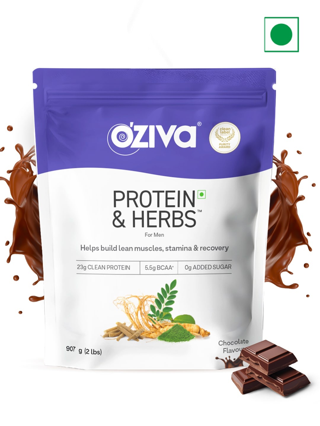 

OZiva Men Protein & Herbs For Stamina, Muscle Building & Recovery- Chocolate - 907 gm, Green