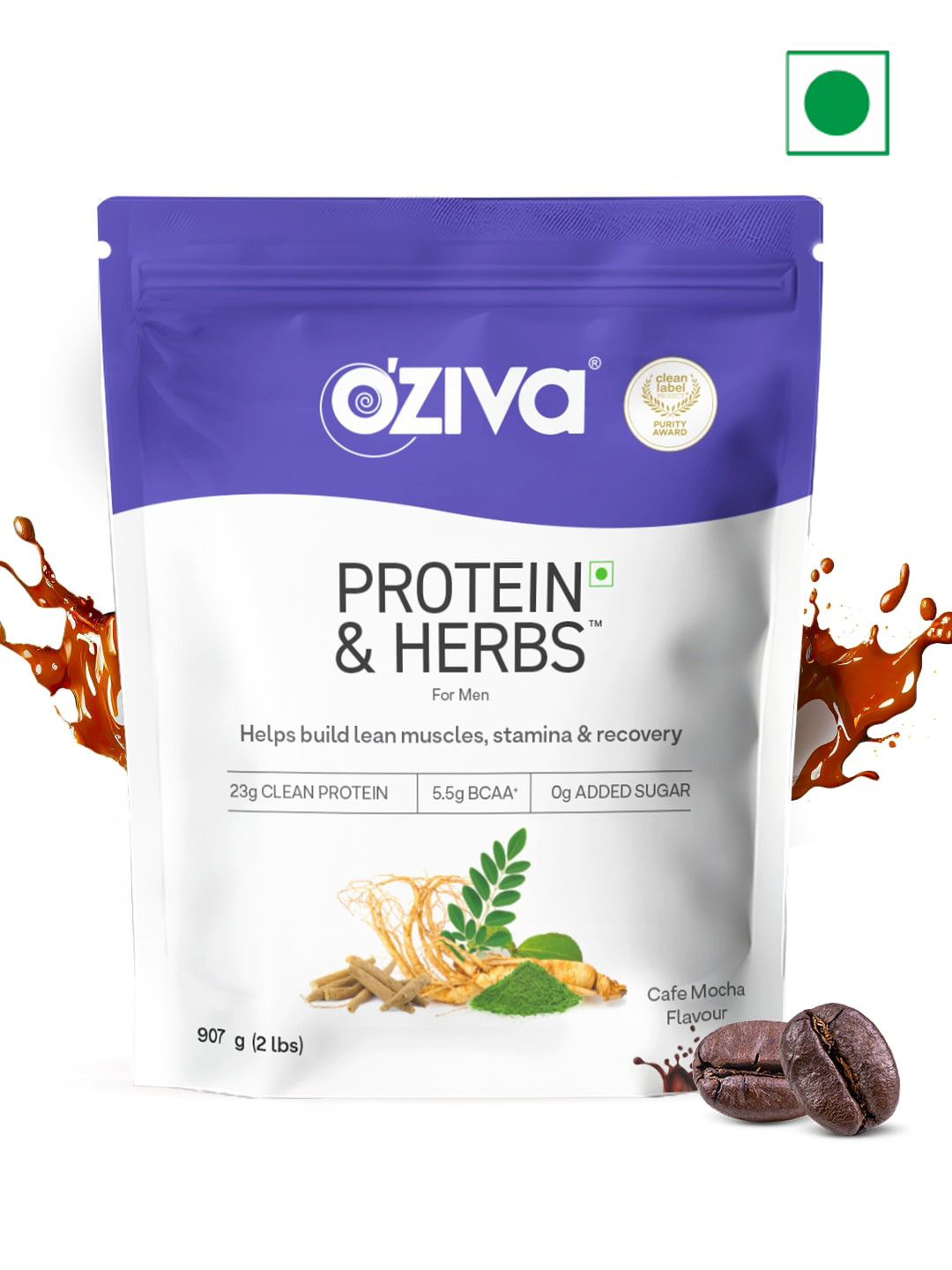 

OZiva Men Protein & Herbs For Stamina Muscle Building & Recovery Cafe Mocha - 907 g, Green