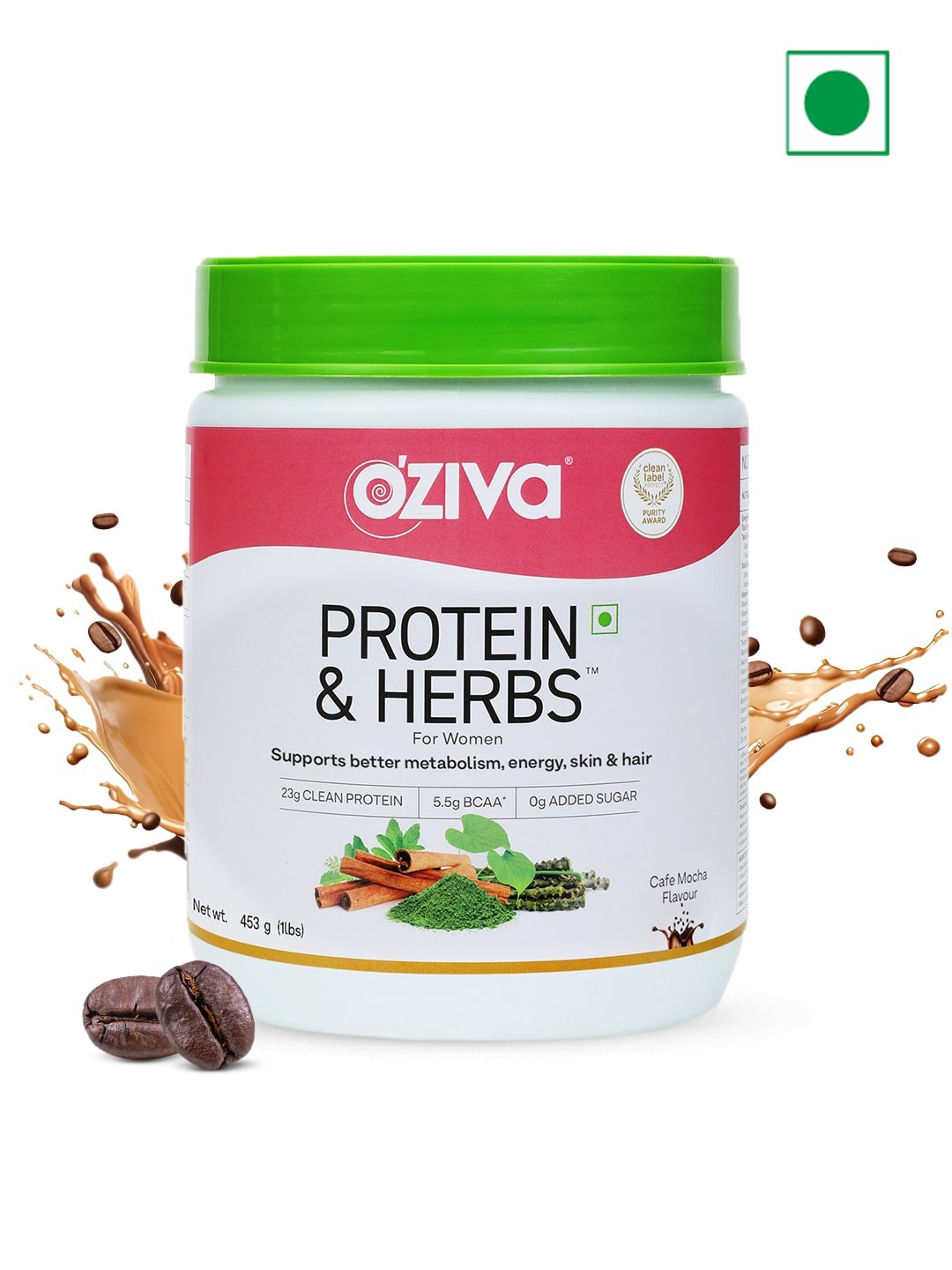 

OZiva Women Protein & Herbs for Weight Management (453 g, Cafe Mocha), Green