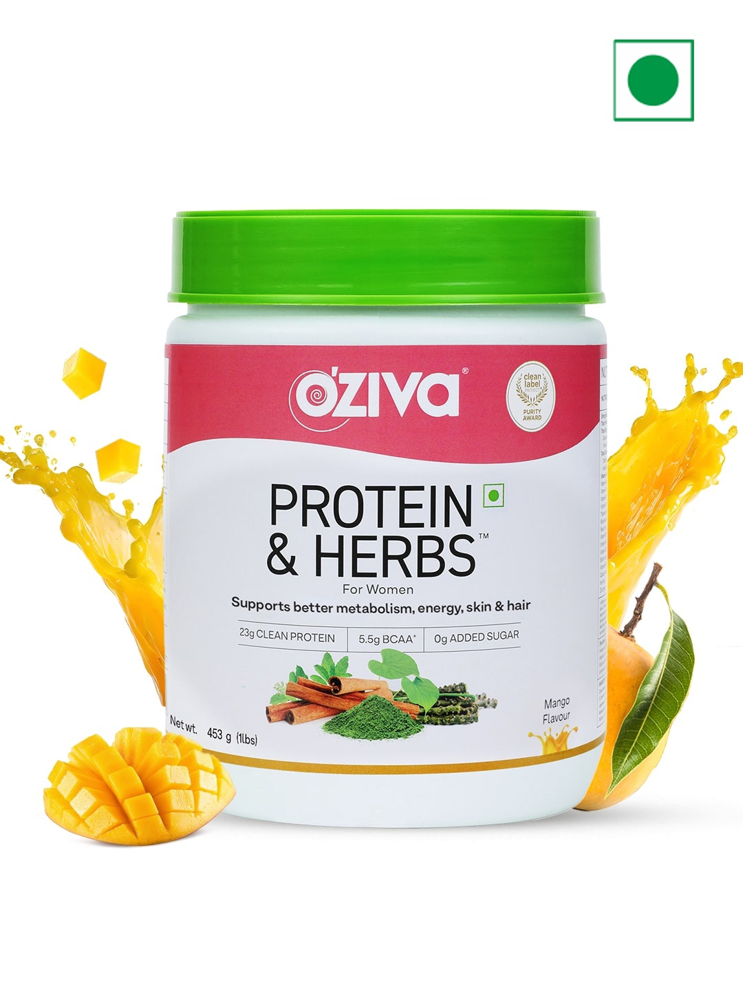 

OZiva Women Protein & Herbs for Weight Management (453 g, Mango), Green