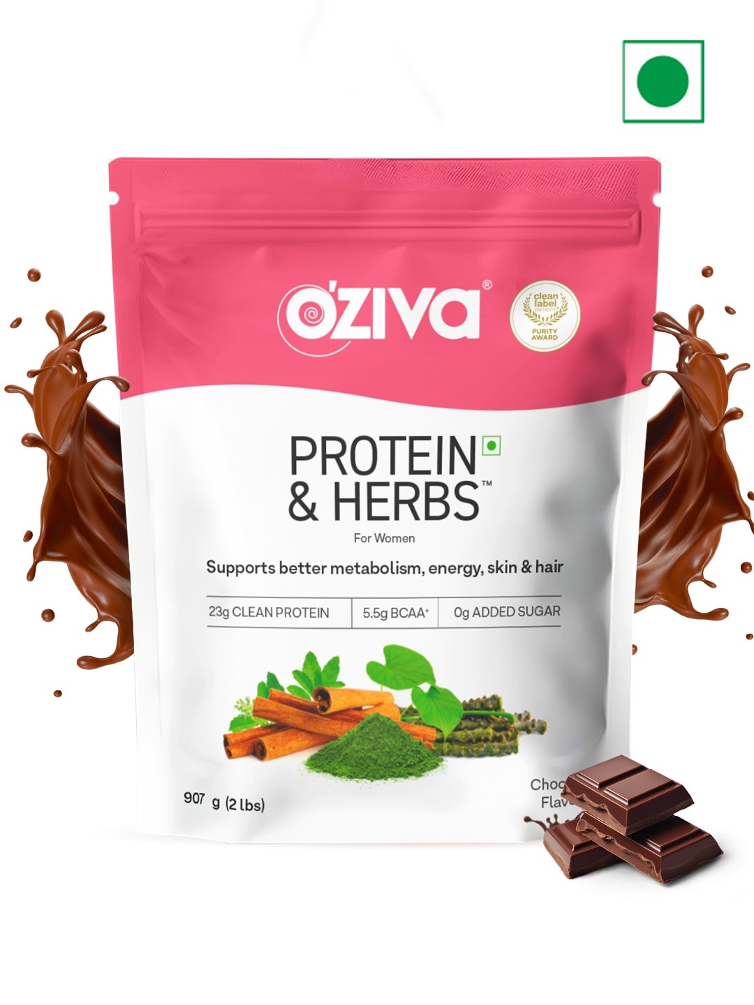 

OZiva Protein & Herbs for Weight Management - Chocolate (907 g), Green