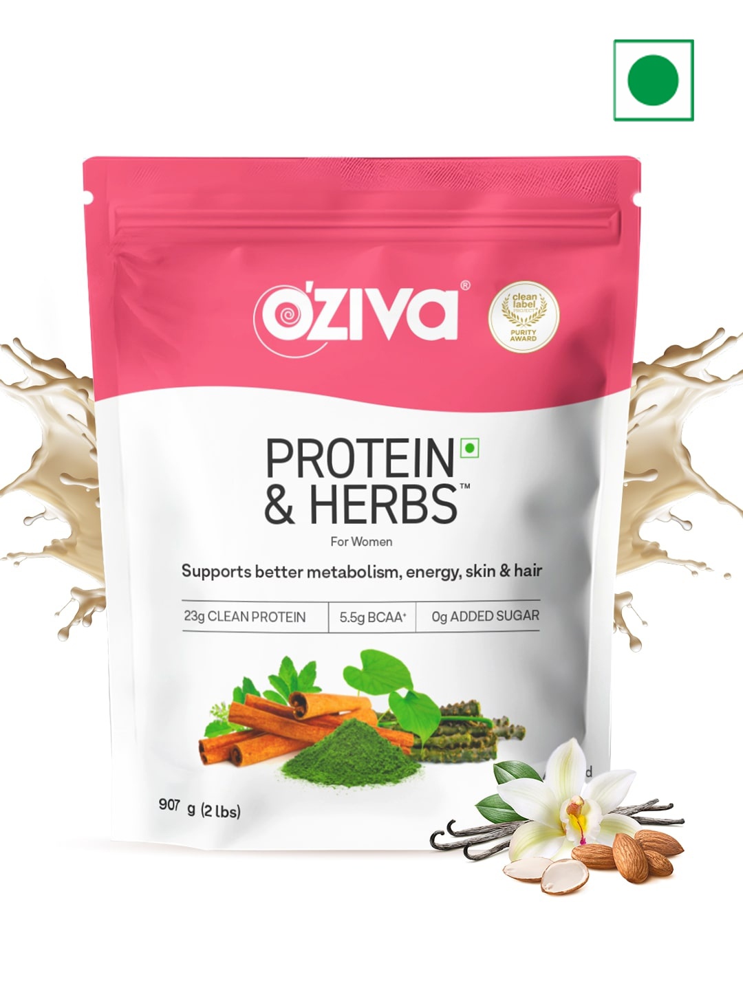 

OZiva Protein & Herbs for Weight Management Vanilla Almond - 907 g, Green