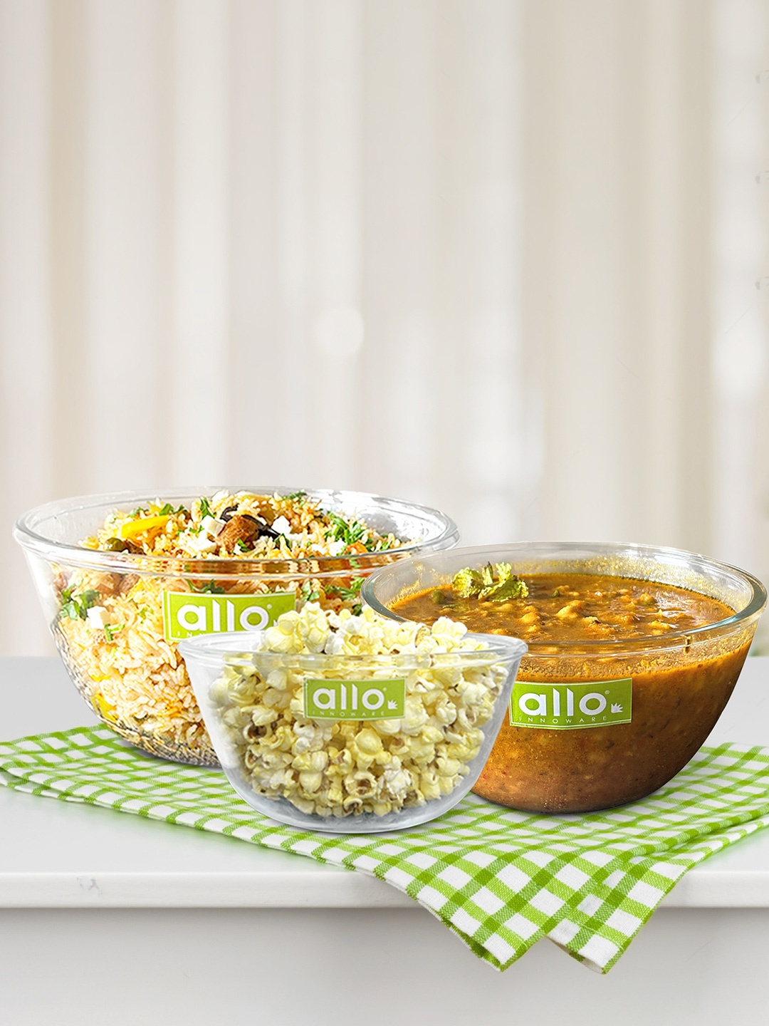 

Allo Glass Mixing & Serving Bowl, Oven & Microwave & Dishwasher Safe (1000, 1600, 2100)ML, Transparent