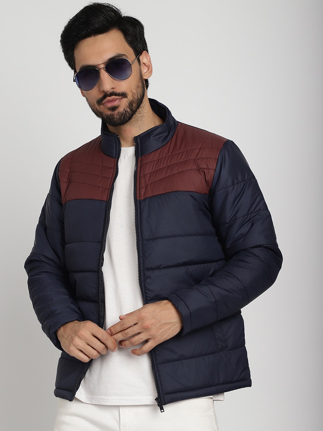 

9ty3ree Colourblocked Mock Collar Insulator Puffer Jacket, Navy blue