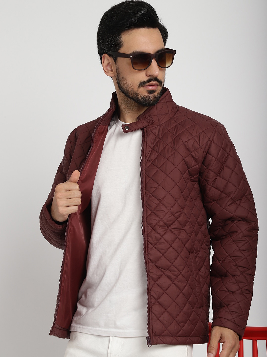 

9ty3ree Mock Collar Insulator Quilted Jacket, Maroon
