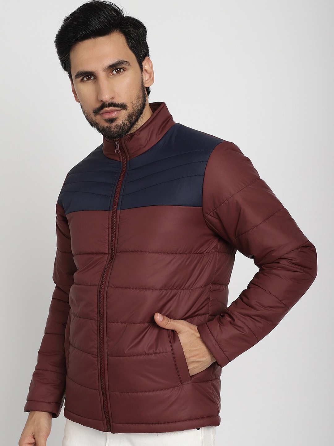 

9ty3ree Colourblocked Mock Collar Long Sleeves Insulator Padded Jacket, Maroon