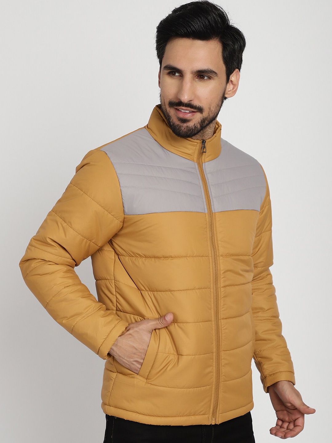 

9ty3ree Colourblocked Mock Collar Insulator Puffer Jacket, Mustard
