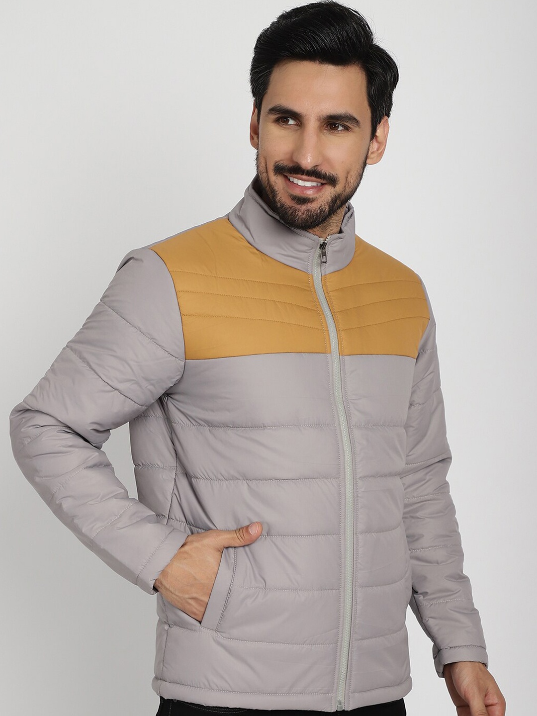 9ty3ree Colourblocked Mock Collar Long Sleeves Insulator Padded Jacket, Grey