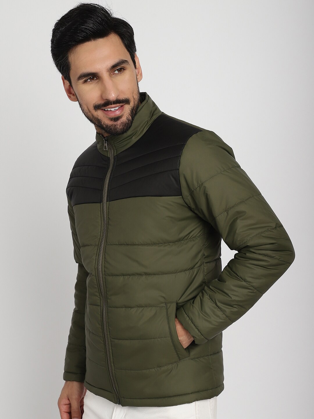 

9ty3ree Colourblocked Mock Collar Long Sleeves Insulator Padded Jacket, Olive
