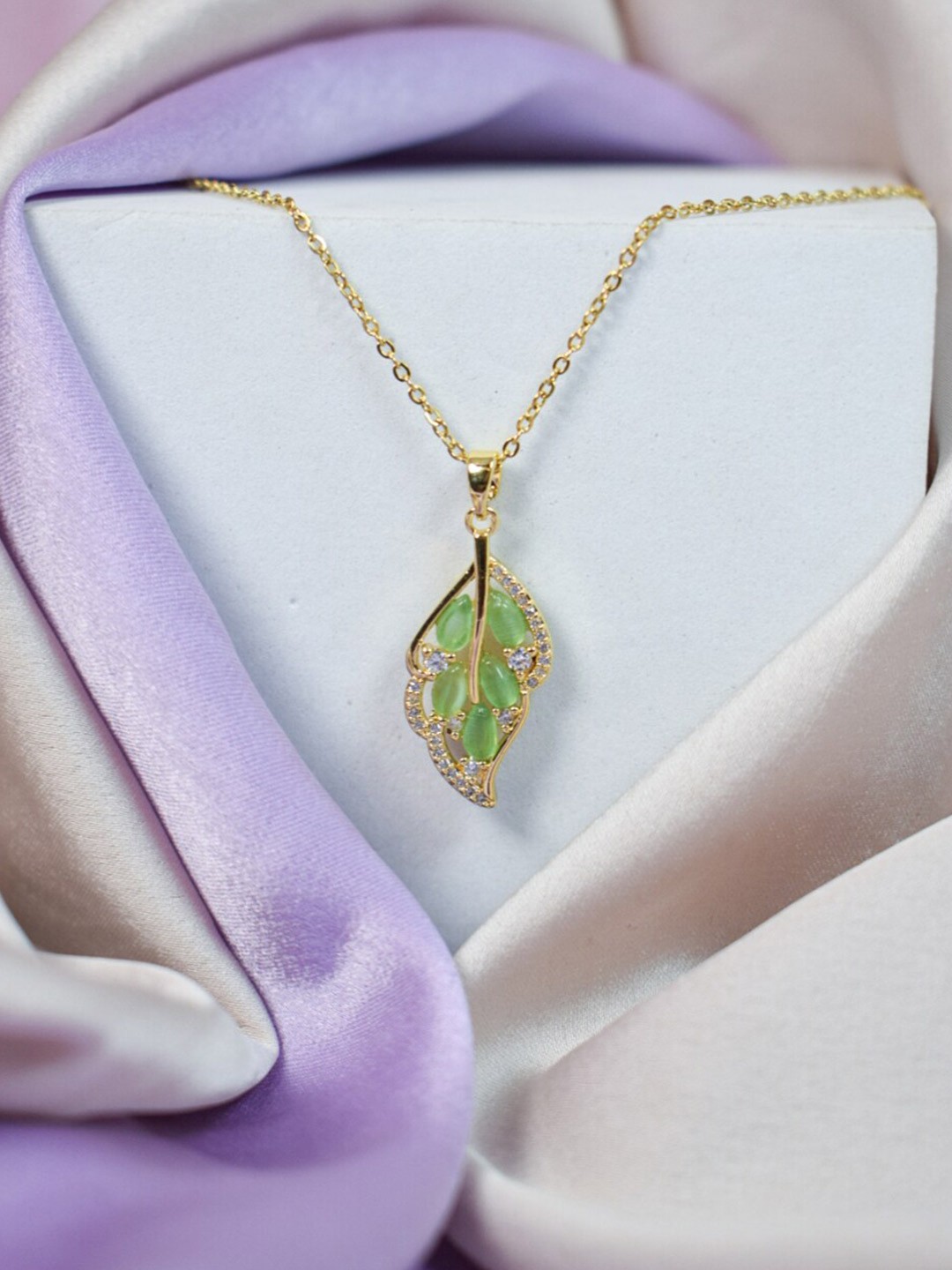 

SALTY Crystal-Studded Leaf Shaped Pendant With Chain, Gold