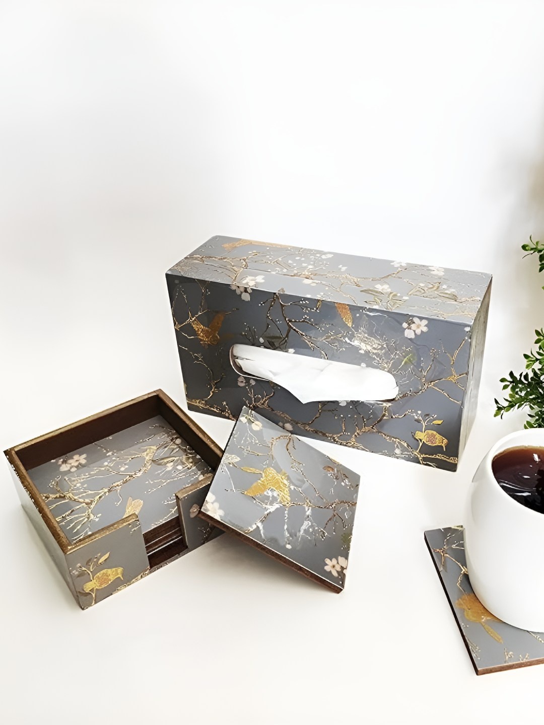 

CasaGold Wooden Tissue Box Holder Set Of 6 Coaster Combo, Grey