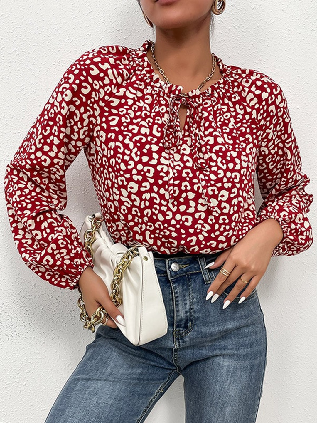 

StyleCast Red Printed Tie-Up Neck Bodysuit