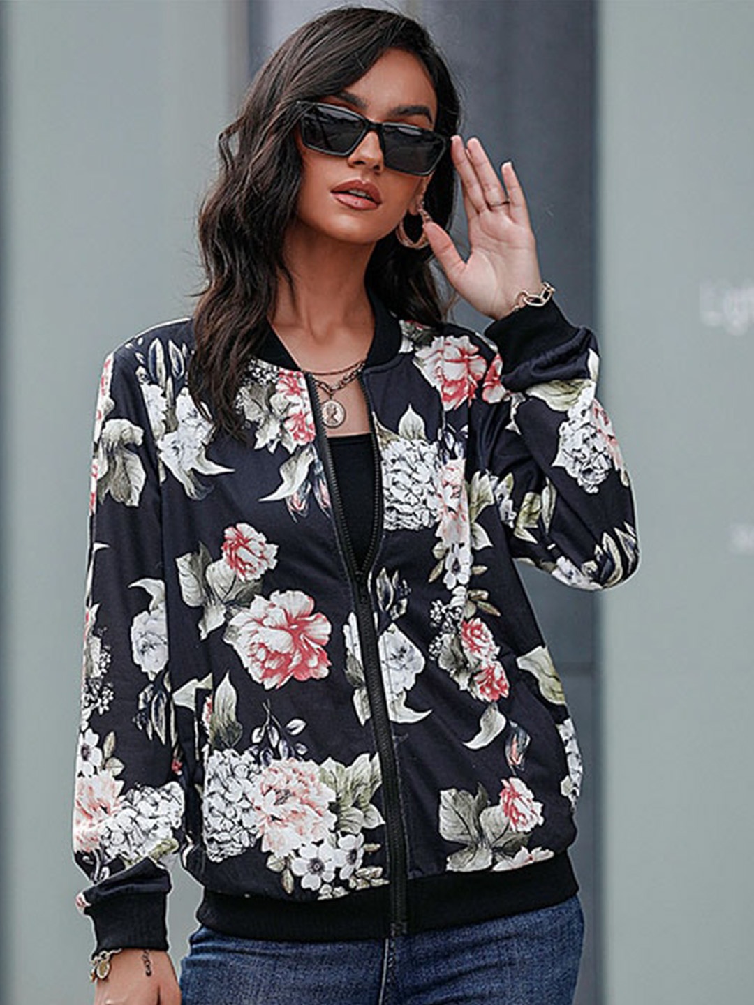 

StyleCast Black Floral Printed Bomber Jacket