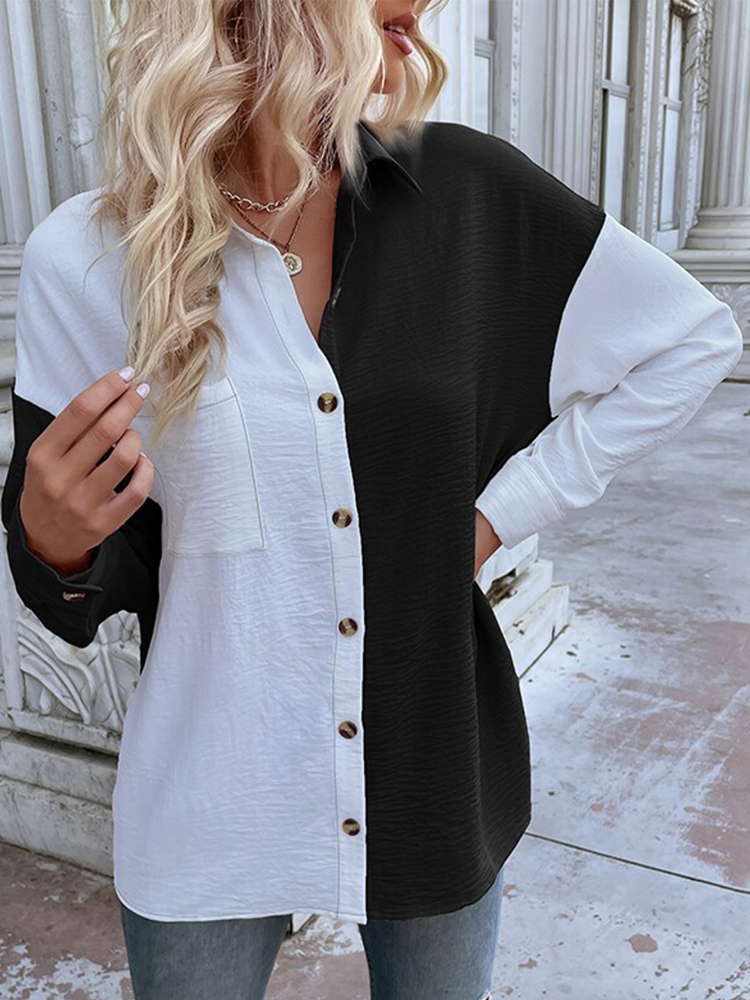 

StyleCast Boxy Fit Colourblocked Casual Shirt, Black