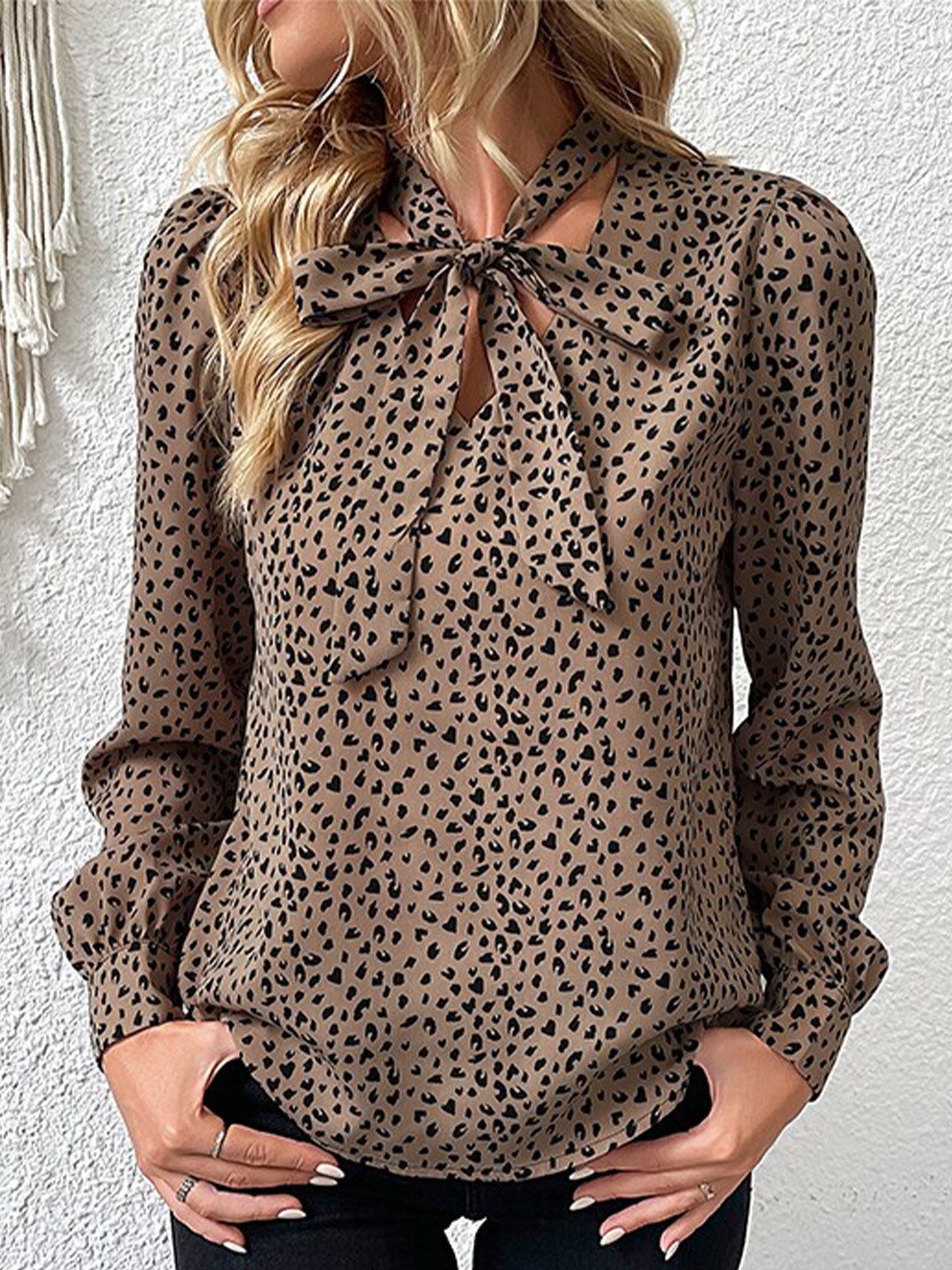 

StyleCast Khaki Animal Printed Tie-Up Neck Top