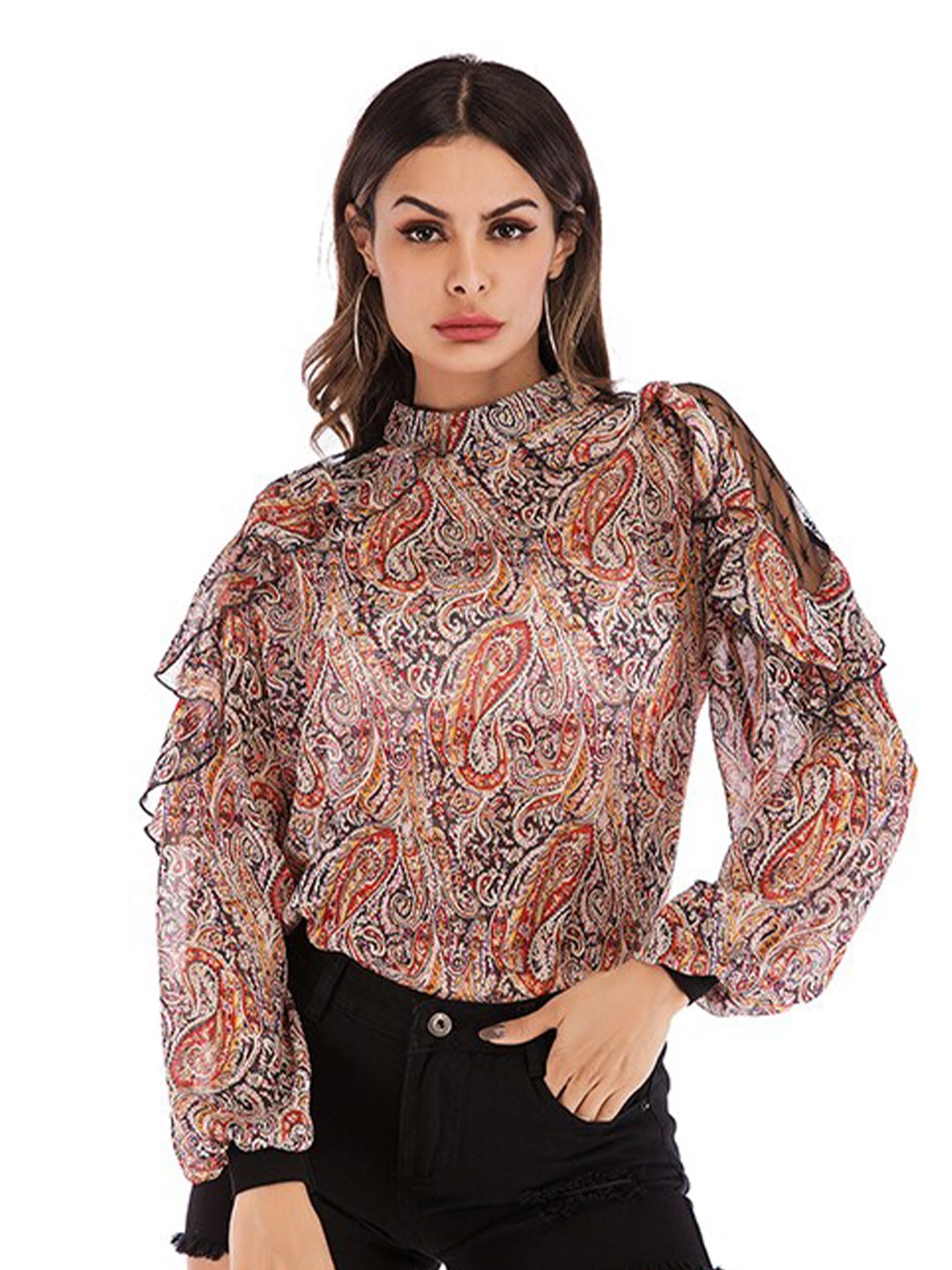 

StyleCast Red Ethnic Motifs Printed Riffled Puff Sleeves Top