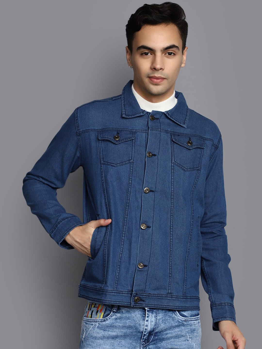 

V-Mart Spread Collar Lightweight Denim Jacket, Blue