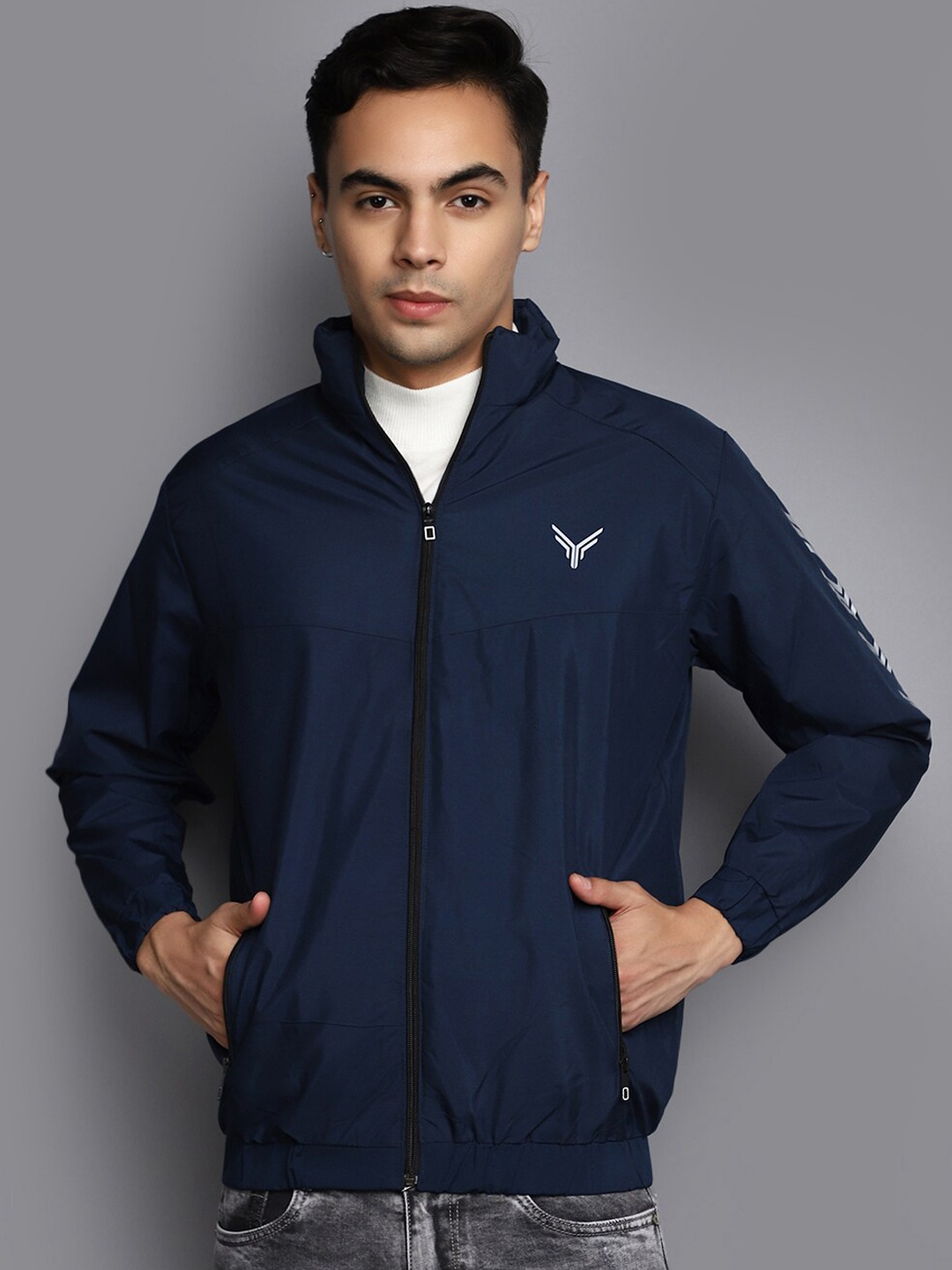 

V-Mart Mock Collar Acrylic Lightweight Bomber Jacket, Teal