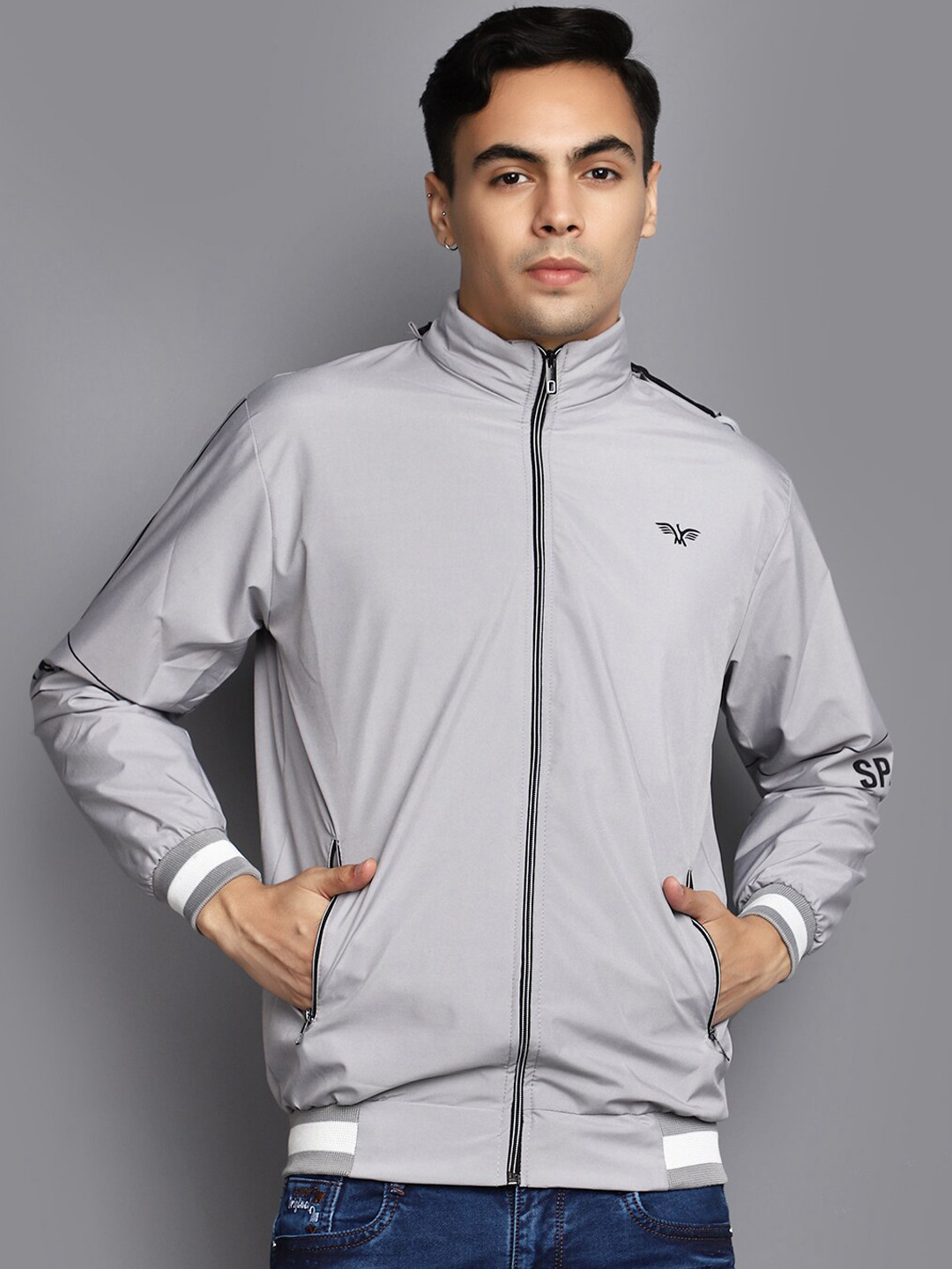 

V-Mart Mock Collar Acrylic Lightweight Bomber Jacket, Grey