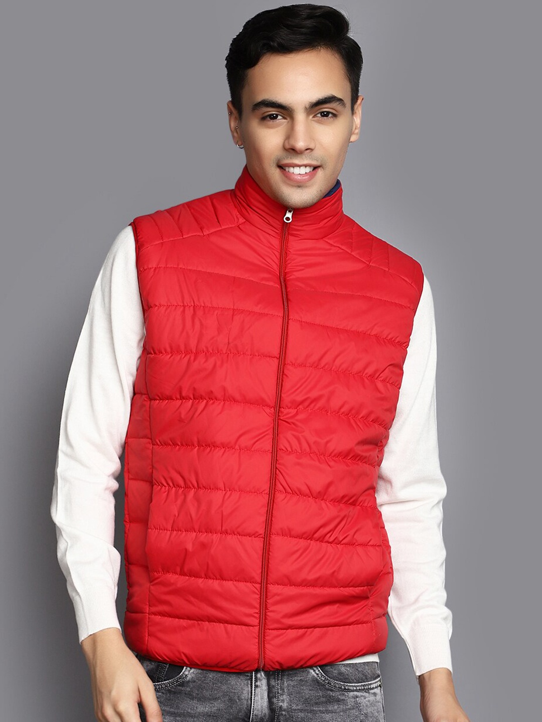 

V-Mart Mock Collar Acrylic Lightweight Puffer Jacket, Red