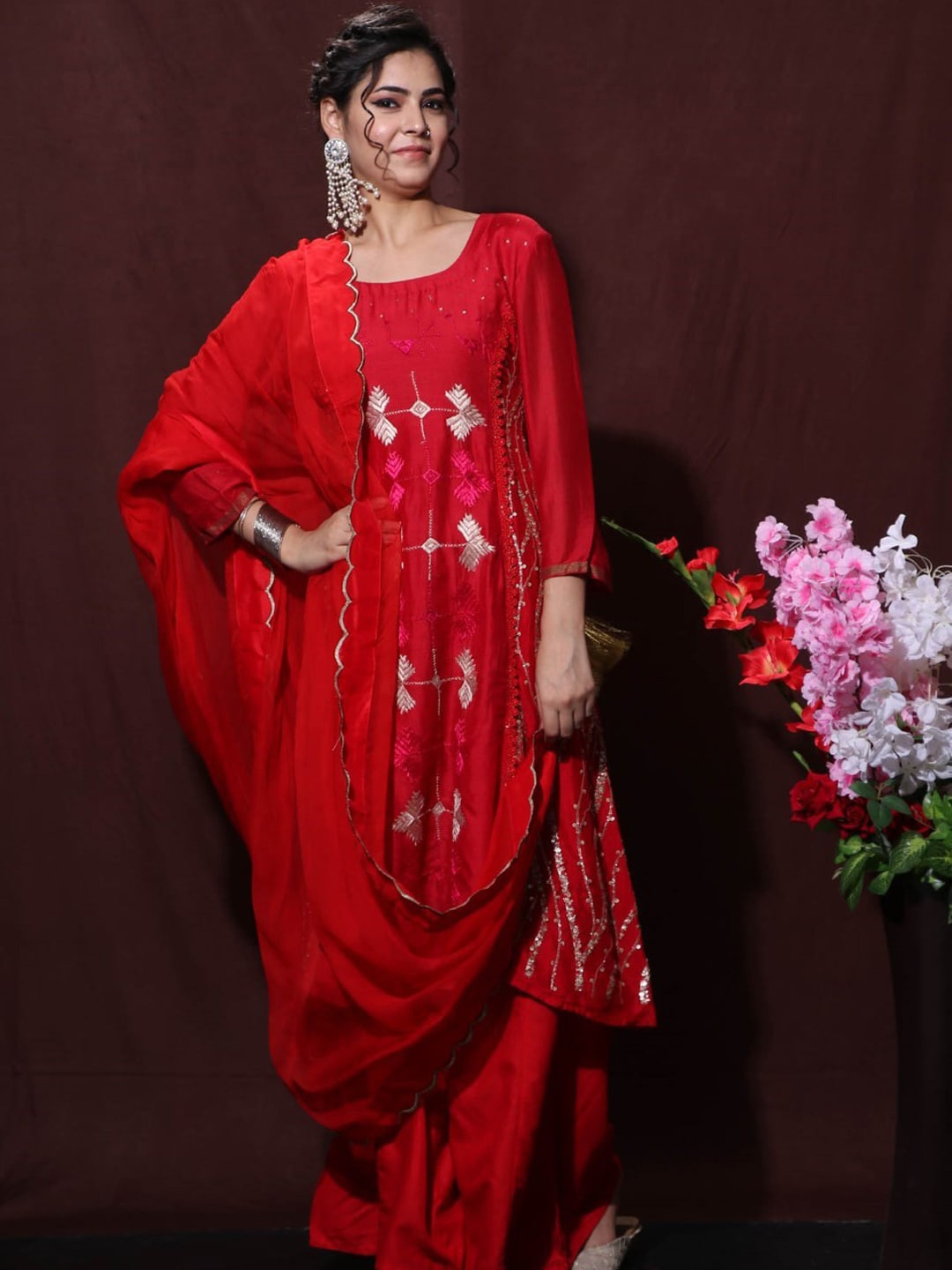 

Trinjann Ethnic Motif Embroidered Pure Cotton Straight Kurta & Palazzos With Dupatta, Red