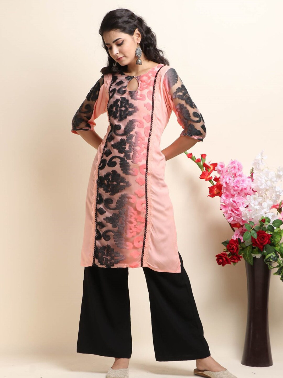 

Trinjann Ethnic Woven Design Lace Detailed Pure Cotton Straight Kurta, Peach