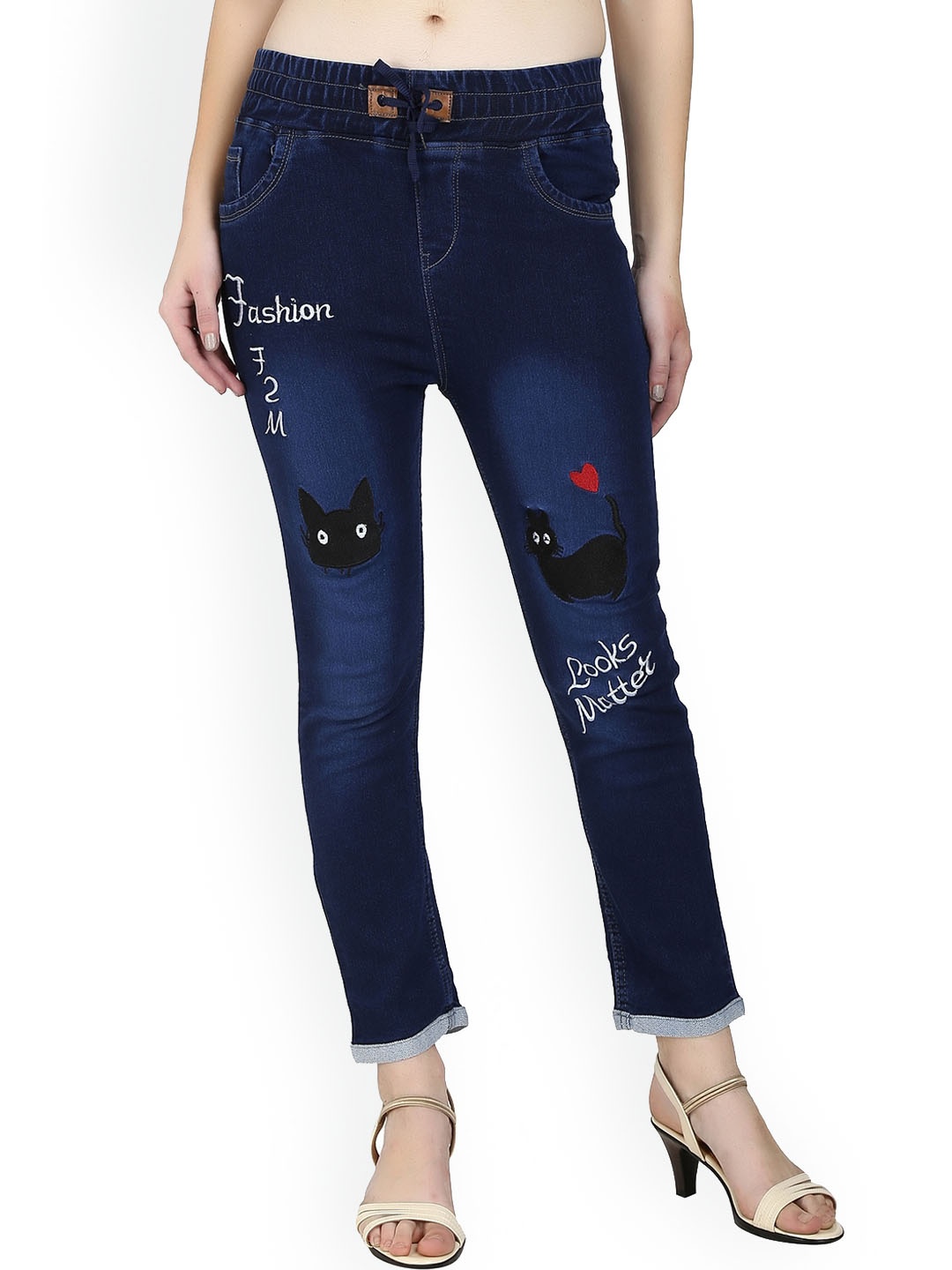 

A-Okay Girls Slim Fit Comfort Cotton Light Fade Embroidered Jeans, Navy blue