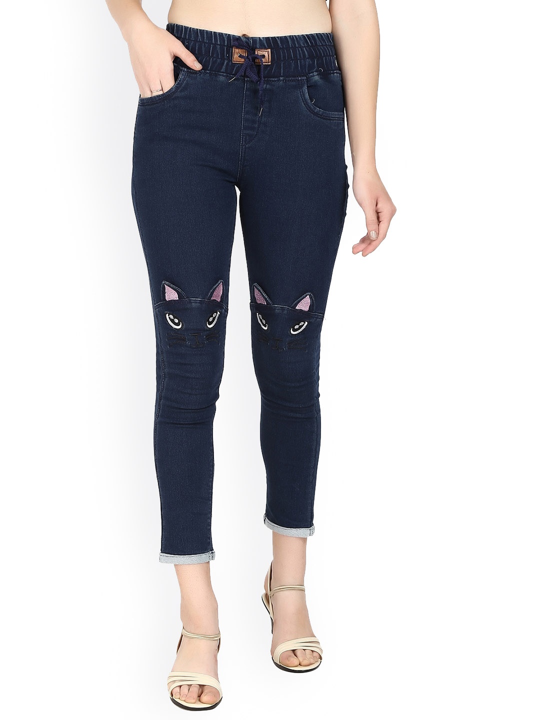 

A-Okay Girls Slim Fit Mid-Rise Embroidered Dark Shade Clean Look Stretchable Cropped Jeans, Navy blue