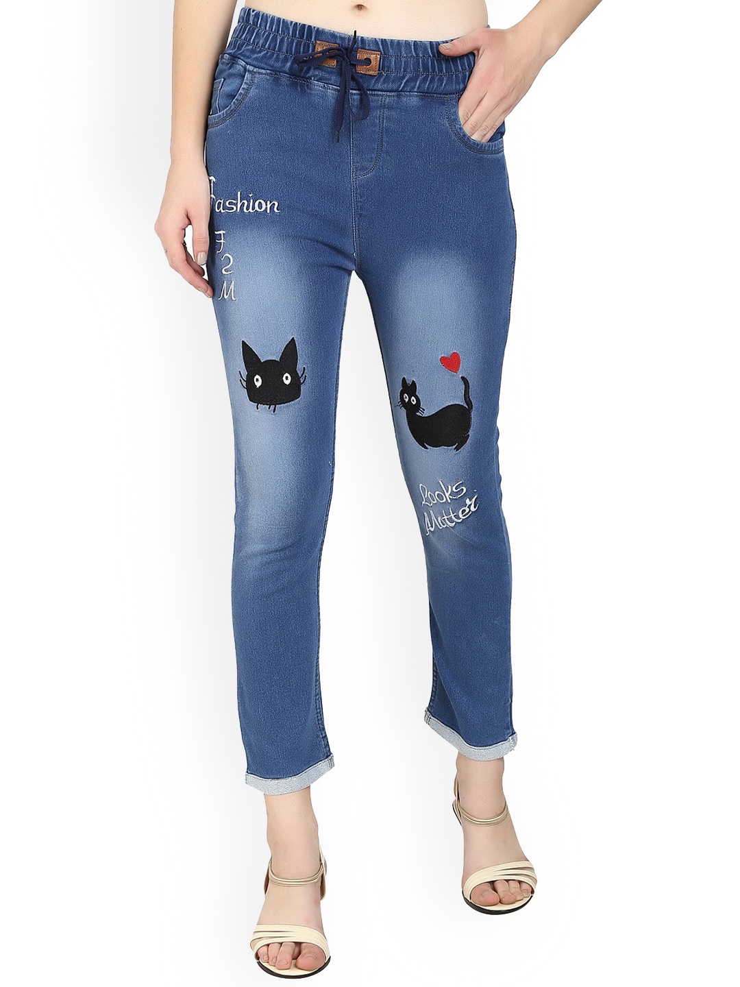 

A-Okay Girls Slim Fit High Rise Clean Look Heavy Fade Embroidered Cotton Jeans, Blue