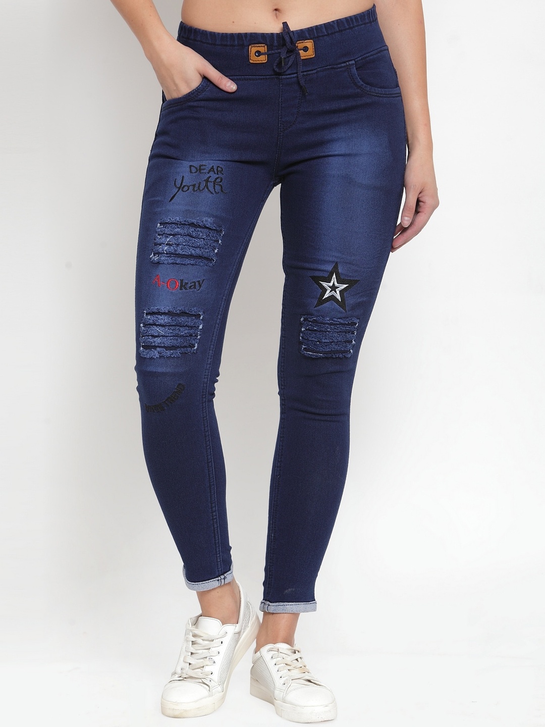 

A-Okay Girls Slim Fit Mid-Rise Mildly Distressed Light Fade Embroidered Stretchable Jeans, Navy blue