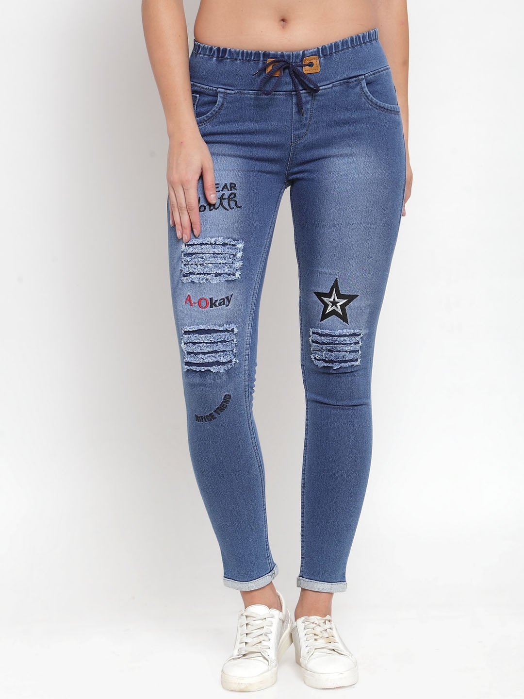 

A-Okay Girls Slim Fit Mid-Rise Mildly Distressed Light Fade Embroidered Stretchable Jeans, Blue