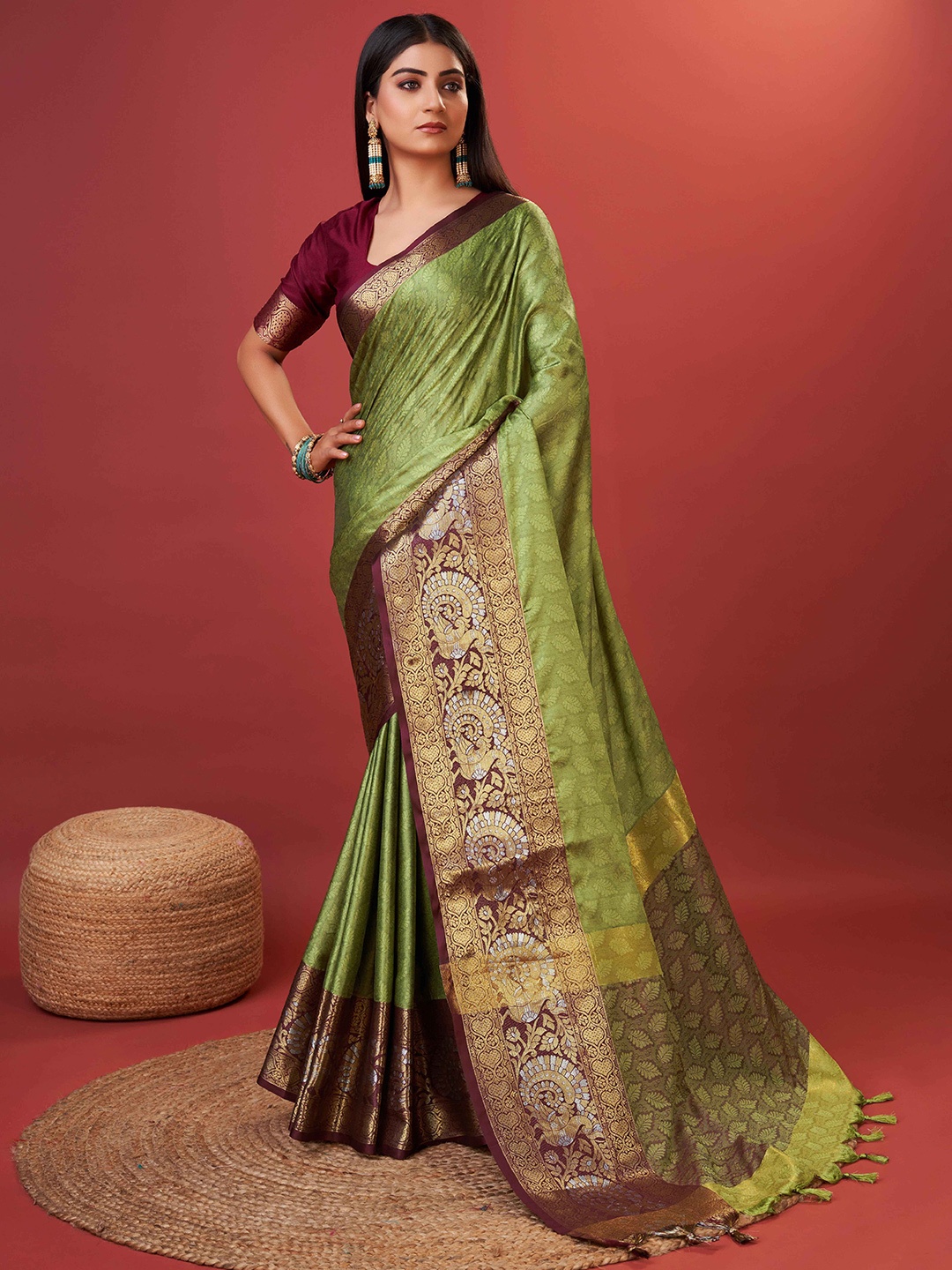 

Ekta Textiles Ethnic Motifs Woven Design Zari Pure Cotton Banarasi Saree, Green