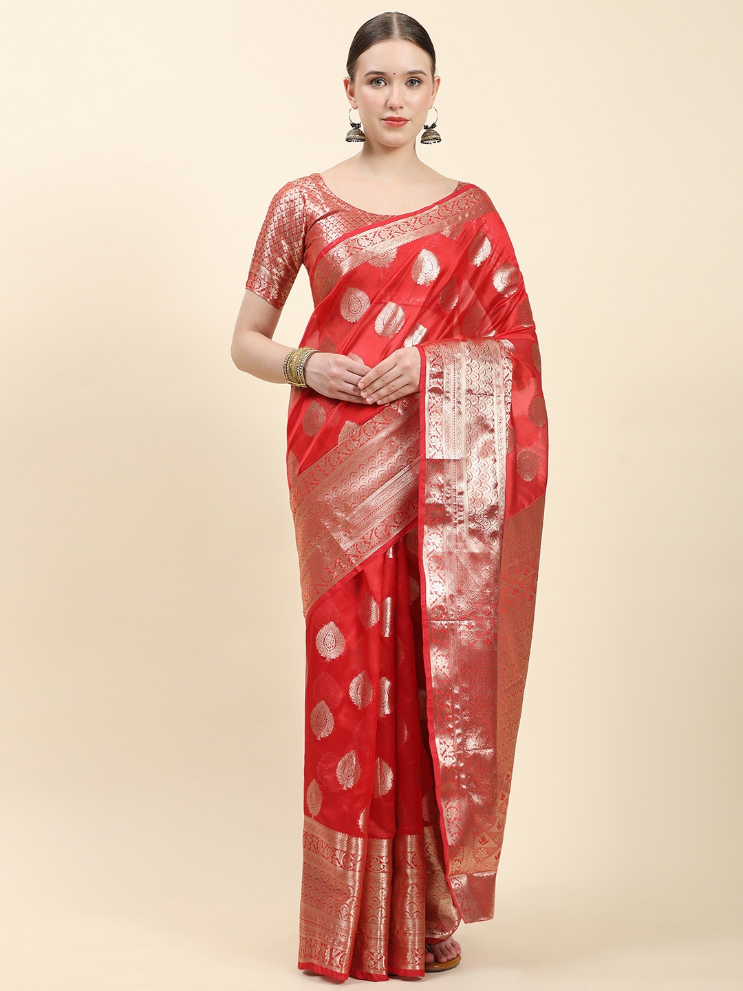 

Ekta Textiles Geometric Woven Designed Zari Organza Banarasi Saree, Red