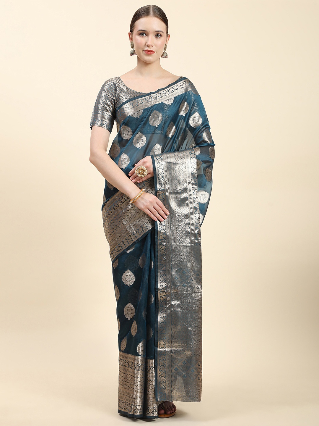 

Ekta Textiles Ethnic Motifs Woven Design Zari Organza Designer Banarasi Saree, Teal