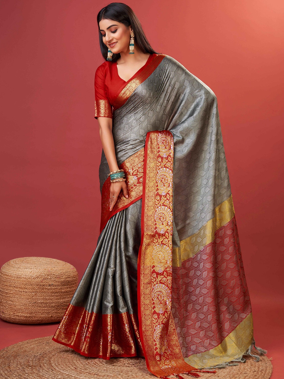 

Ekta Textiles Ethnic Motifs Woven Design Zari Pure Cotton Banarasi Saree, Grey