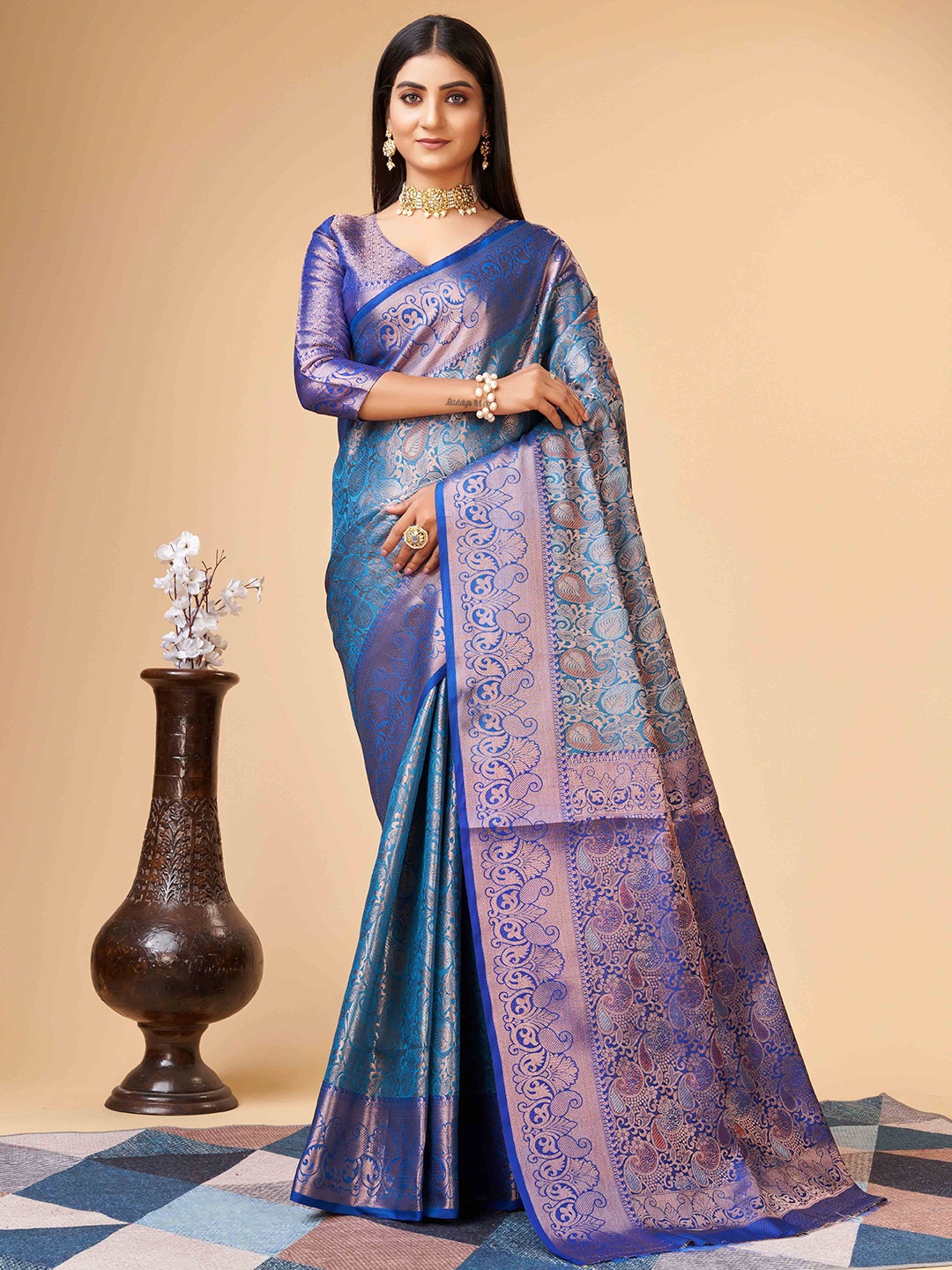 

Ekta Textiles Ethnic Motifs Woven Design Zari Pure Silk Banarasi Saree, Turquoise blue