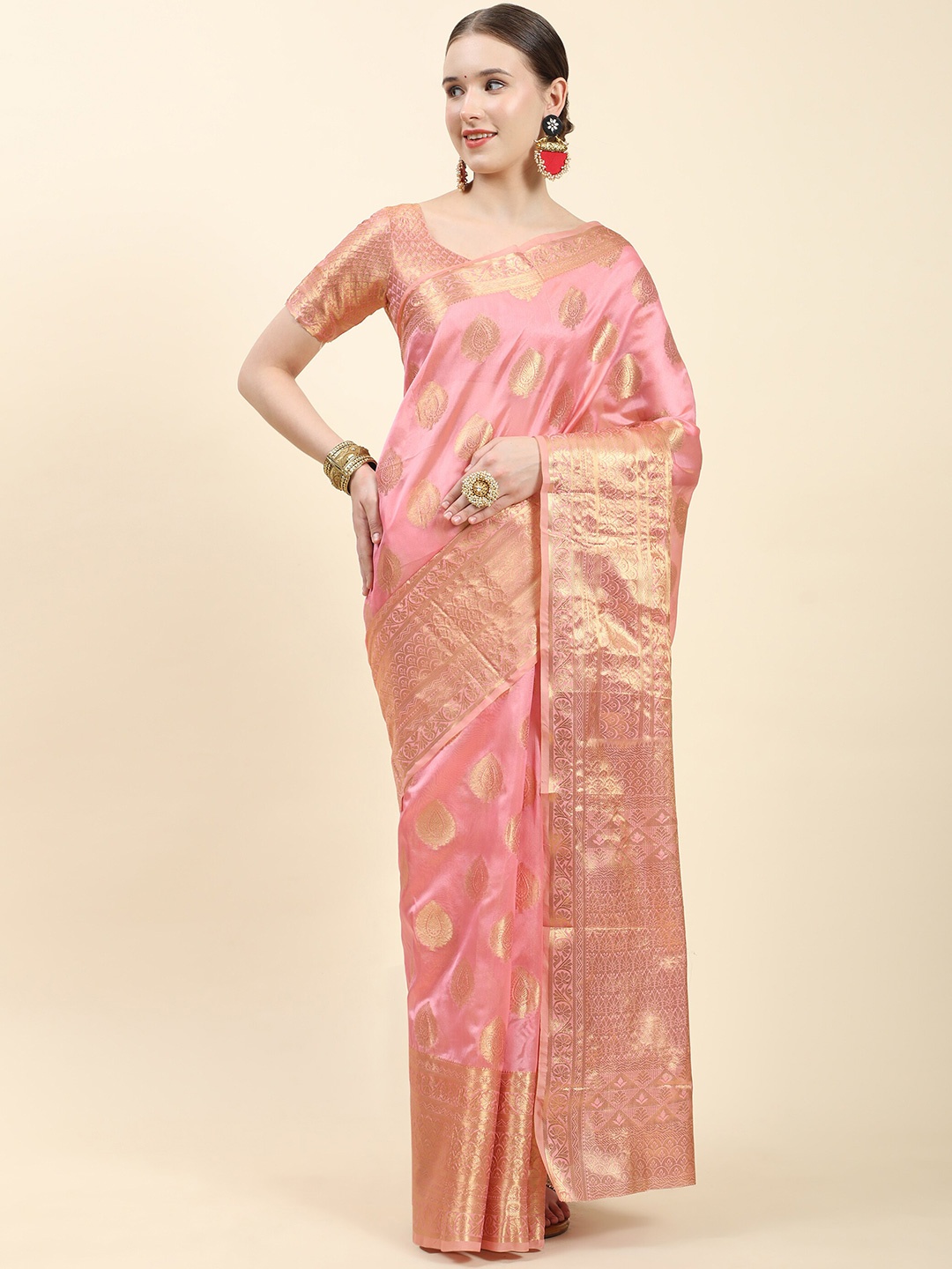 

Ekta Textiles Ethnic Motifs Woven Design Zari Organza Banarasi Saree, Pink