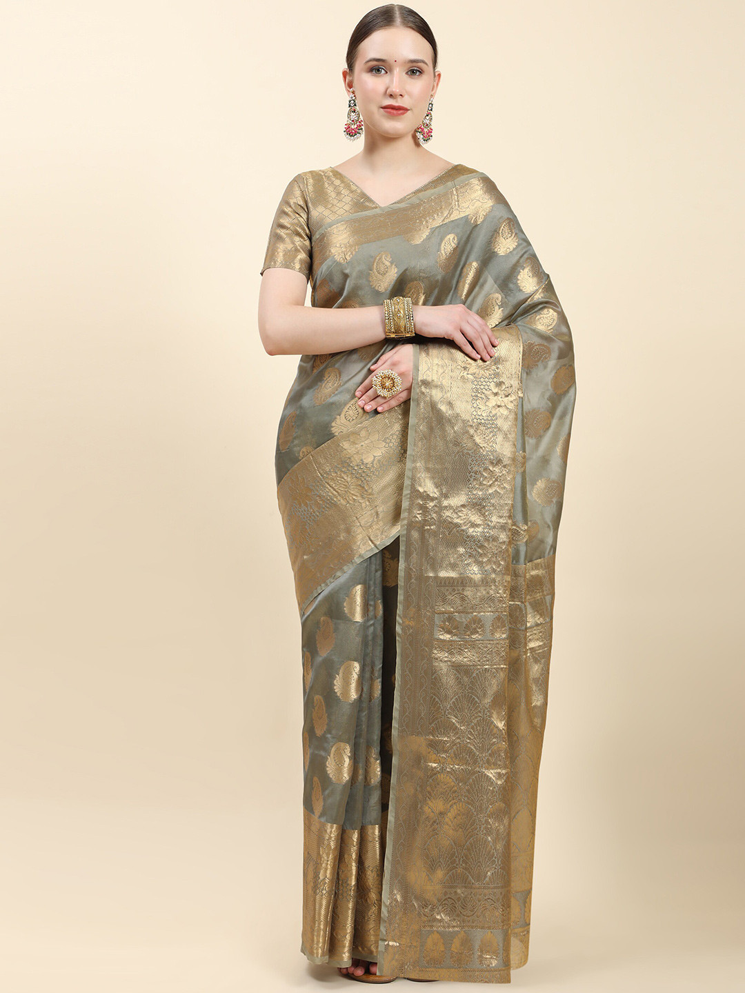 

Ekta Textiles Ethnic Motifs Woven Design Zari Organza Banarasi Saree, Grey