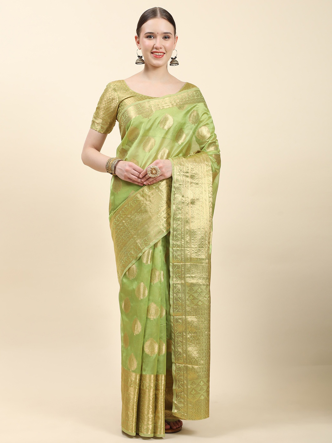 

Ekta Textiles Ethnic Motifs Woven Design Zari Organza Banarasi Saree, Green