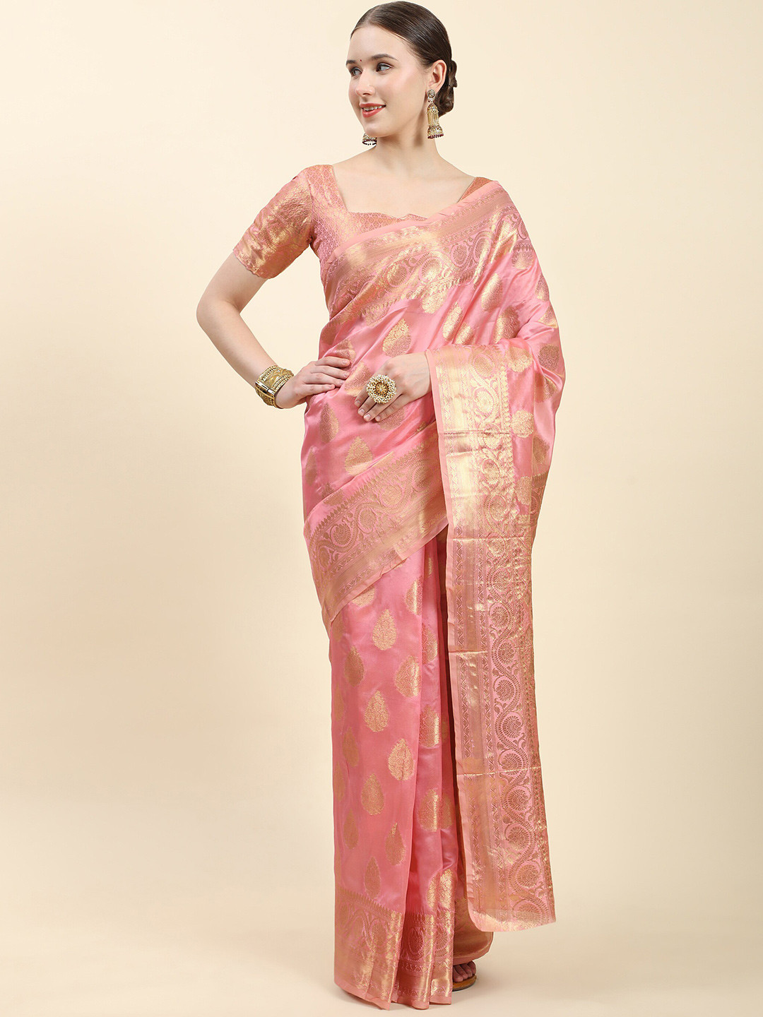 

Ekta Textiles Ethnic Motifs Woven Design Zari Organza Designer Banarasi Saree, Pink